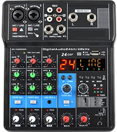 ljudkonsol, 4-kanals ljudmixer Bluetooth-funktion 24 effekter USB Datorinspelning Livesändning Mixerkonsol Ljudkvalitet
