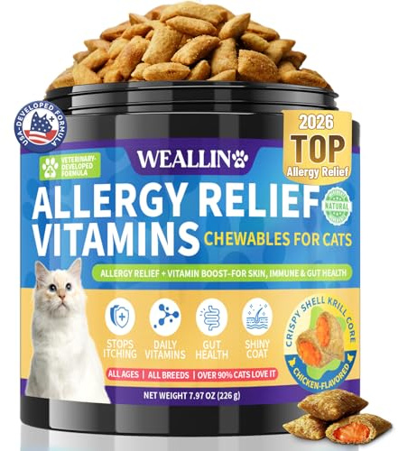 Allergy Relief for Cats - 500 Crunchy & Krill Core Allergy treats With Multivitamin Omega-3 Probiotic for Cats, Immunity Supports Seasonal Itching Licking & Scratching for All Breeds Chicken Flavor