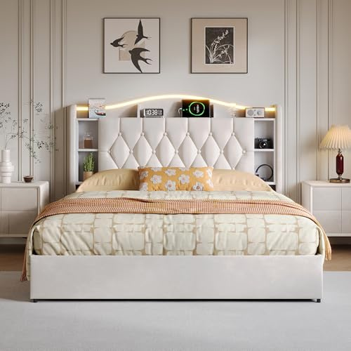 Lit double 140 x 200 cm avec coffre hydraulique, lit rembourré en velours avec LED RVB et USB/Type-C, tête de lit avec étagères de rangement, structure de lit avec sommier à lattes (beige-a, 140 x 200
