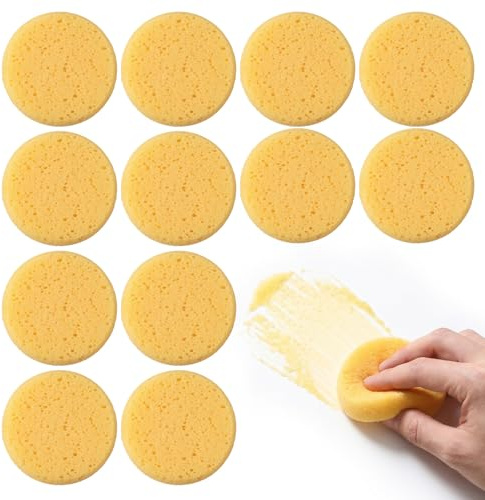 12Pcs 2.75 Inch Pottery Sponges, Yellow Round Pottery Sponges, Soft Water-Absorbent Clay & Painting Sponge, Tack Cleaning Sponge for Ceramics, Crafts, Face Painting Leather Care & Household Cleaning