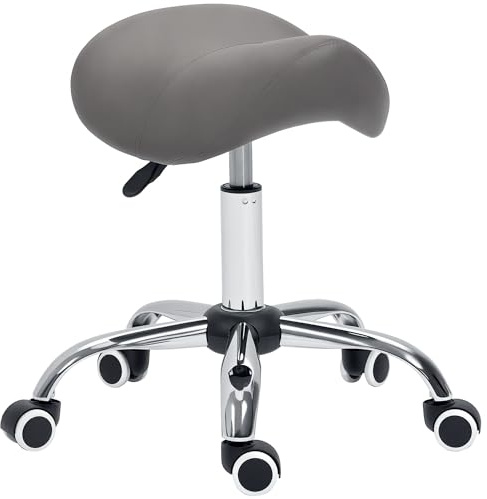 HOMCOM Cosmetic Stool 360° Rotate Height Adjustable Salon Massage Spa Chair Hydraulic Rolling Faux Leather Saddle Stool Mobility, Grey
