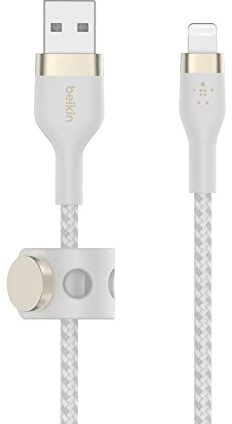 Belkin BoostCharge Pro Flex Braided USB Type A to Lightning Cable (2M/6.6FT), MFi Certified Charging Cable for iPhone 14/14 Plus, 13, 12, Pro, Max, Mini, SE, iPad and More - White