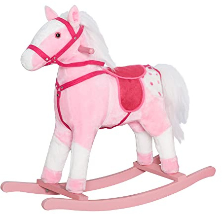 Qaba Kids Rocking Horse Plush Ride On Toy Toddler Rocker for Boys Girls Gifts with Realistic Sounds, Pink