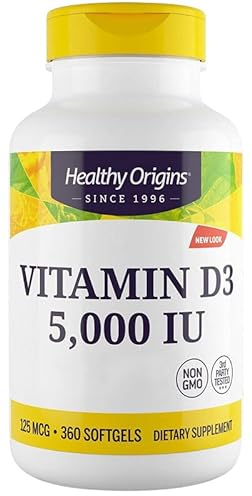 Healthy Origins, Depot Vitamina D3, 125mcg (5.000IU), 1 Cápsula cada 5 Días, 360 Cápsulas blandas, Altamente Dosificadas, Probadas en Laboratorio, Sin Soja, Sin Gluten, No GMO