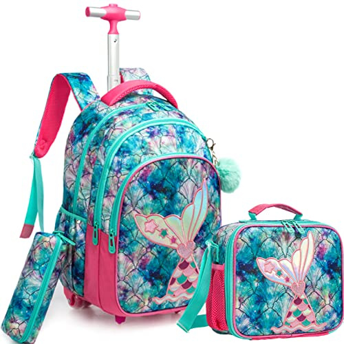 HTgroce Cartable a Roulette Fille Primaire Sirène Sac à Dos pour Enfant Cartable a roulettes Fille Sac école