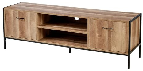 Home Source TV Unit Media Stand Cabinet, 2 Cupboards and Shelf Storage, Weathered Oak Effect Finish