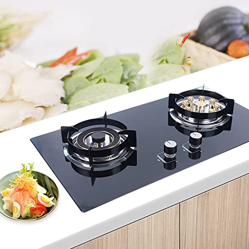 Kitchen Gas Cooktop 2-Burners,Gas Stove Tempered Glass Built-In NG Gas Stove,High Efficiency Double Gas Cooktop,29 * 16inch Panel