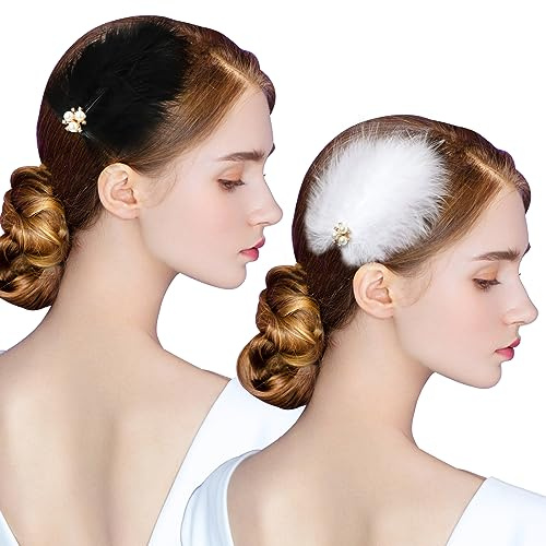 MWOOT 2 Pezzi Fermagli Capelli Piume, Fascinator Gioielli Capelli Anni 20 per Donne Ragazze, Fermaglio Capelli Piume Bianca Nera con Perla Strass per Matrimonio Danza Festa del Tè