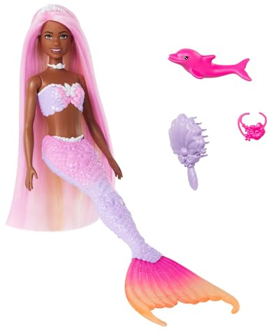 Barbie Sirène « Brooklyn » Poupée avec cheveux roses, accessoires de coiffure, animal de compagnie dauphin et fonction changement de couleur activée par l’eau, HRP98