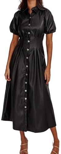 EZAPINE Womens Faux Leather Lapel Collared Pleated Button Down Short Sleeve Tunic Midi Dress Casual A-line Long Dress Black