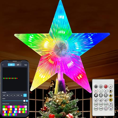 7.6 Christmas Tree Topper Star, RGB LED Lighted Star Tree Top w/Remote Control&APP, Scene Mode, DIY, Dimmable, Timer, Multicolour Lighted Treetop for Xmas Trees Holiday Party Gift Decorations