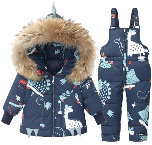 Conjunto de Esquí Niño Niña, Chaqueta con Capucha + Pantalón de Esquí, 2 Piezas Traje de Nieve Abrigos de Pluma Pantalones de nieve Dinosaurio Traje de Esquí Ropa de Invierno, 5-6 Años