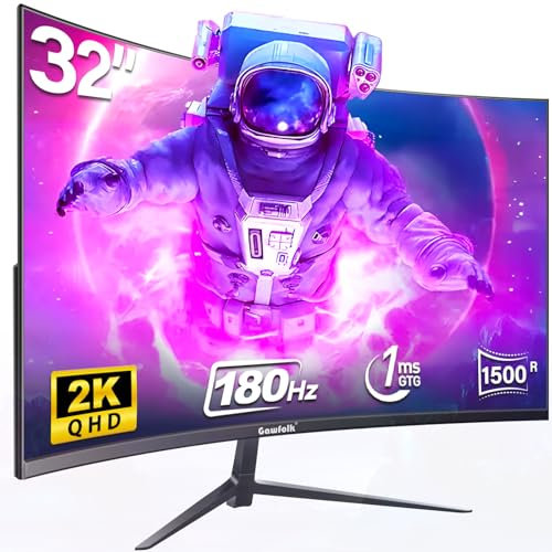 Gawfolk 32 Zoll Gaming Monitor Curved QHD180Hz, 165Hz PC Bildschirm, Rahmenloses 1500R Gebogenes Computer Bildschirm unterstützt VESA