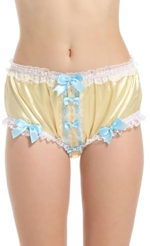 Women Sissy French Knickers Briefs Lingerie Pale Yellow Satin Underwear Bow Panties (X-Large) Pink