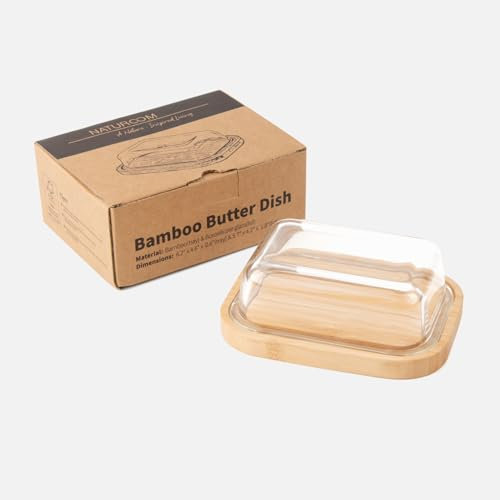 Naturoom Butter Dish Set with Bamboo Tray & Glass Lid For Countertop – Elegant & Practical Kitchen Essential Storage For Butter, Margarine, and Cheese - 6.1L*4.7W*2.2H