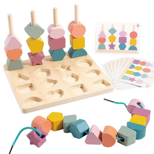 KUKUTrue Montessori Spielzeug 2 3 4 5 Jahre, Fädelspiel, Stapelspielzeug, Holzspielzeug ab 2 Jahre, Farben Lernen ab 2 Jahre, Lernspielzeug, Geschenk für 2–5 Jahre Kinder Junge Mädchen
