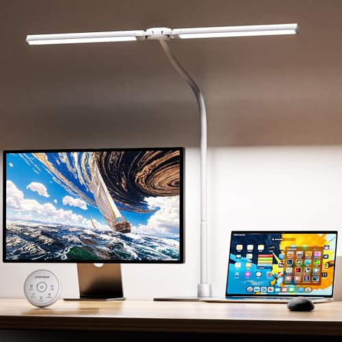 EYOCEAN Schreibtischlampe, Doppelkopf Schreibtischlampe Kinder, Augenschutz Desk Lamp, 16W 72cm Tageslichtlampe Schreibtisch mit Fernbedienung, Dimmbare Monitor Lampe, Schwanenhals Büro Tischlampe