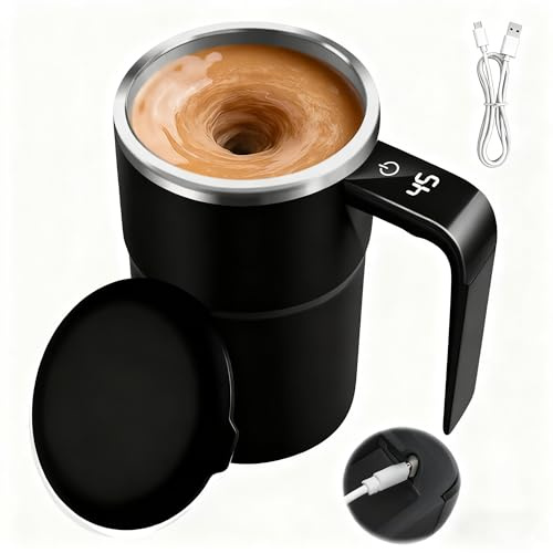 Selbstrührende Tasse, Elektrischer Automatischer Selbstrührung Kaffeebecher Edelstahl 380ML Thermobecher mit Temperaturanzeige,USB Kaffeetasse Magnetische Mixerbecher Tasse Mit Deckel Griff (Schwarz)