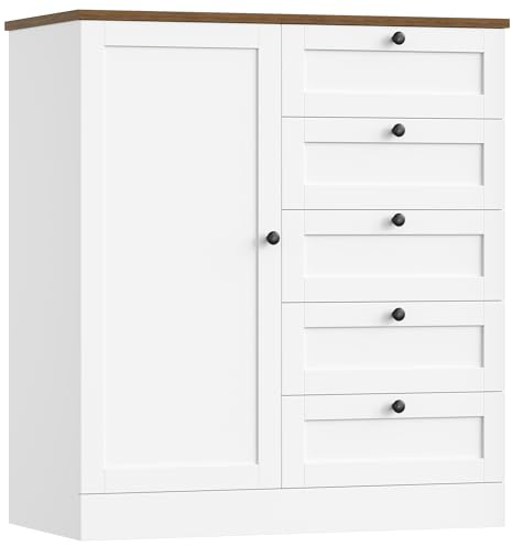 HOCSOK Sideboard, Küchenschrank, Kommode Weiß Buffetschrank mit 1 Türen und 5 Schubladen, für Küche, Wohnzimmer, Esszimmer, 85.5x40x97cm