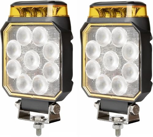 Générique 2 Phares de Travail LED avec Gyrophare LED 12V 24V 10W Faisceau Flood Blanc Feu de Recul Feu Antibrouillard + Feu de Pénétration Stoboscopique Flash Orange