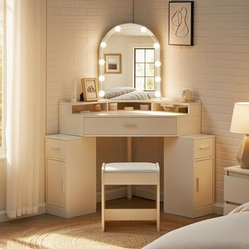 LEMROE Corner Dressing Table with LED Mirror and Stool, Charging Station