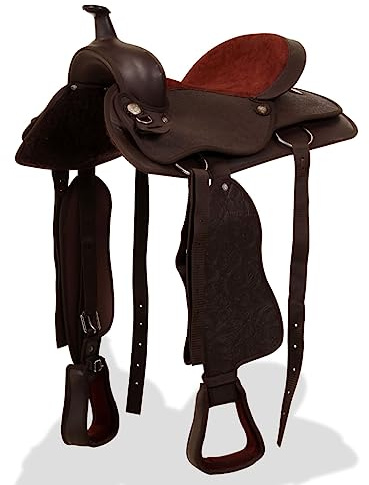 QUAHEAS Westernsadel 40 cm brun av äkta läder med hölster och bröstblad, mångsidig hästsadel med vadderad sits, robust sadelträd och justerbar rem för ridning och turnering