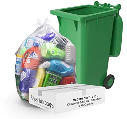 100x 240L Clear Wheelie Bin Liners - Refuse Sacks | MEDIUM DUTY | 10kg Capacity- 100 Gauge, 25 Micron Waste Recycling Rubbish Dustbin Bags | Domestic & Commercial Use