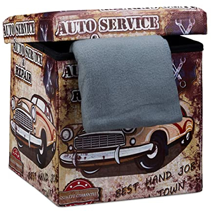 Relaxdays 38 cm Stabiler Falthocker mit trendigen Motiven als praktische Ablage als Sitzwürfel mit bedrucktem Kunstleder als Aufbewahrungsbox mit Stauraum und Deckel, Car Faltbarer Sitzhocker, MDF