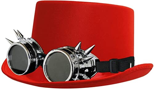 Sombrero de raso victoriano con gafas plateadas de satén – Sombrero de raso rojo con gafas, perfecto para espectáculos de baile o vestido de fantasía