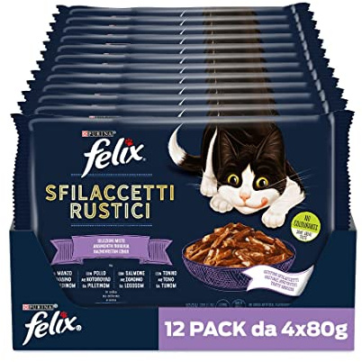 FELIX Sfilaccetti Rustici Cibo Umido per Gatti Adulti, 48 Bustine da 85 g