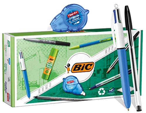 BIC Kit d’Écriture Personnel Durable Maison et Bureau - 3 Stylos-Bille, 1 Crayon à Papier, 1 Porte-Mines, 1 Marqueur Permanent, 1 Ruban Correcteur + 1 Recharge, 1 Tube de Colle