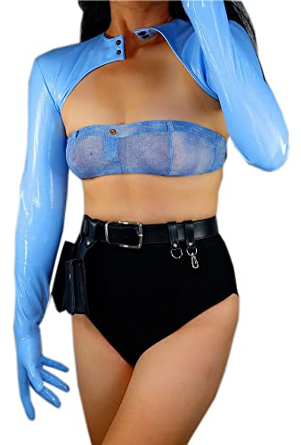 Women Bolero GLOVES Faux Patent Leather Latex Jeans Cotton Light Wash Top Jacket Shrug Jumper TECH (Patent leather light blue)