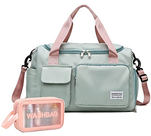 Small Gym Bag for Women, Waterproof Travel Duffle Bag Carry On Weekender Bag with Shoe Compartment & Wet Pocket, E-Green, Fashion