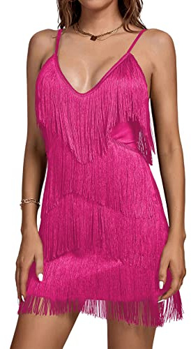 Umenlele Vestido corto sin mangas con flecos y cuello de pico profundo para mujer, con borlas