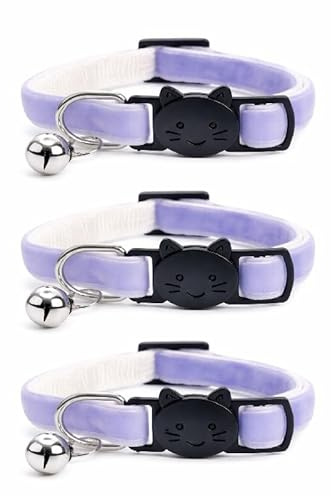 Velvet Cat Collars with Bell. Safe Breakaway Quick Release Buckle. Available in Cat & Kitten Size (Pack of 3) (Kitten Collar (15cm - 23cm), Lilac Velvet (Pack of 3))