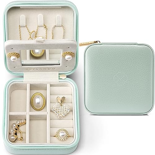 Vlando Schmuckkästchen Mädchen, Schmuckbox Klein Damen, für Ringe Ohrringe mit Spiegel Jewelry Box, Schmuckaufbewahrung Leder, Schmuckschatulle für Mädchen, Frauen Geschenk Grün