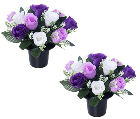 Pack Of 2 Grave Flower Pots | 25cm Grave Flower Pots | Artificial Flowers For Graves | Cemetery & Floral Decorations | Grave Flowers | New Improved Design & Quality (Purple Lilac)