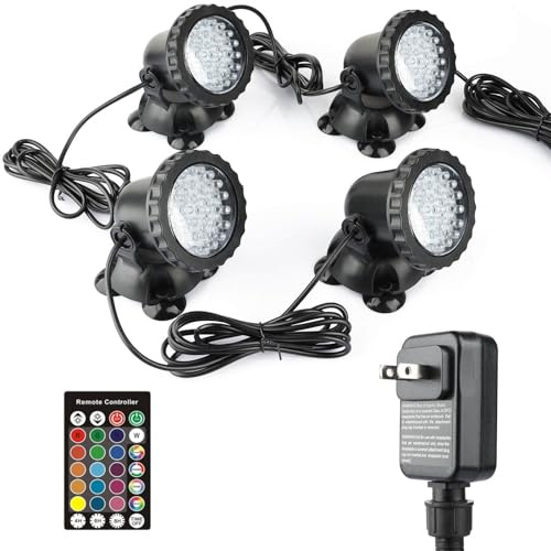kooplicht RGB Pond Light, Color Changing Fountain Lights Submersible Pond Lights, IP68 Waterproof Multi-Color Dimmable Used for Yard Spotlights Fish Pond Decoration (4 Lights)