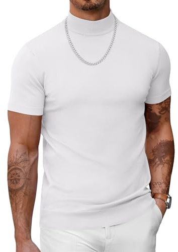 COOFANDY Herr Mock Turtle Neck T-shirt Kortärmad Hög hals T-Shirt Stickad Topp Sommar Stretchig Tee Slim Fit