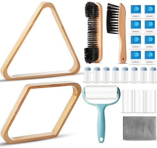 ShinyRelief 22 Pcs Pool Table Brush Set Wooden Billiard Rack 8 or 9 Ball Triangle Diamond for 2-1/4 Pool Ball with Polish Cloth Sticky Lint Roller Cue Chalk Cube Accessories(Wood Color)