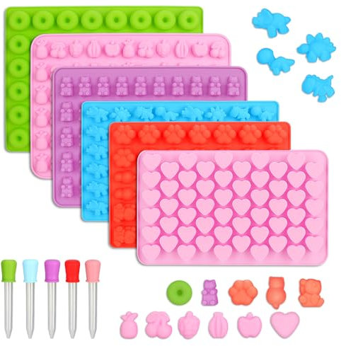 6 Stück Gummibärchen Form, Schokoladenform Silikon SüßIgkeiten Backform mit 5 Tropfern Antihaft Silikonformen für Süßigkeit Chokolade Gelee (Bär, Herz, Dinosaurier, Donut, Früchte, Klaue)