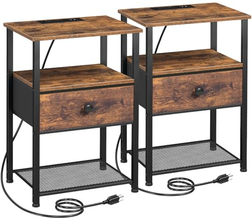 LOAKEKEL Night Stand Set 2, Nightstand with Charging Station, End Tables Living Room with Fabric Drawer for Small Spaces, Bed Side Tables with Storage Shelf for Bedroom, Rustic Brown HETS010PBR