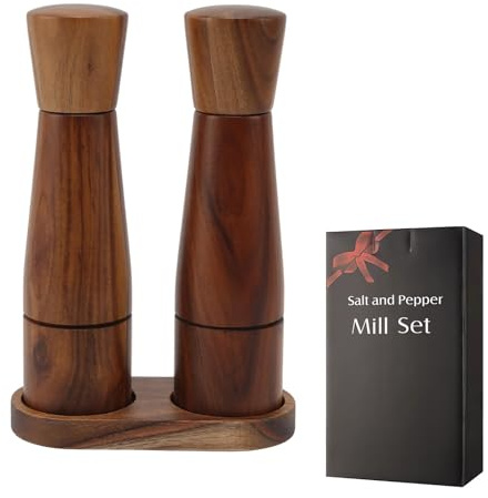 Molinillo de sal y pimienta de madera con platillo, molinillo de sal y pimienta de 8 pulgadas, juego de 2 molinillos de especias con molinillo de cerámica ajustable, elegante molinillo de sal y