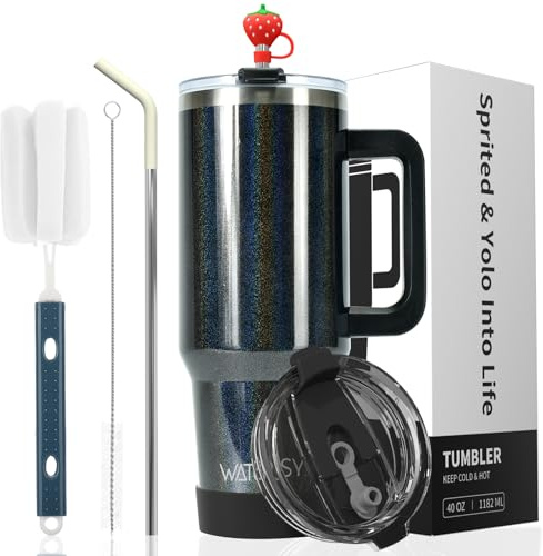 WATERSY Doppelwandiger 30oz Kaffeebecher to Go Thermobecher Edelstahl Vakuum Auslaufsicher Trinkbecher mit Griff und Strohhalm Thermo Tumbler Schwarz Glänzend
