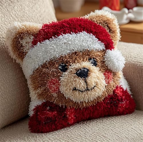 Taxpy Animal Latch Hook Kit Cushion for Adults,Little Cute Bear in Santa Hat 17X17Inch,DIY Pre-Printed Craft Latch Hook Rug Kits Cross-Stitch Embroidery Pillow Cover Kit for Christmas/Home S
