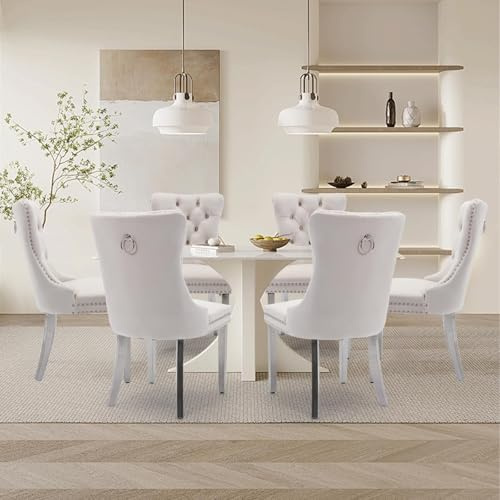 HomeTouch Luxury Velvet Dining Chairs Set of 6 Upholstered Knocker Ring Back Tufted Kitchen Chairs for Home Office Dining Room Bedroom and Lounge with Silver Steel Legs, Hand Made (Beige Silver)