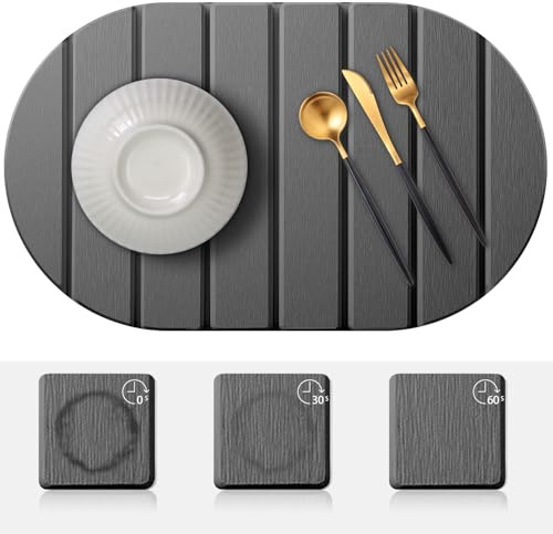 Kteeurqer Protector de Encimera para Cocina, Alfombrilla Absorbente de Diatomita, para Fregadero y Vajilla, Secado Rápido, Antideslizante (40 × 30 cm, Gris Oscuro)