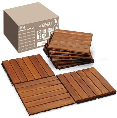 Megsu Wood Interlocking Deck Tiles - 12x12 Indoor & Outdoor Flooring Tiles for Balcony, Backyard & Poolside, Weather & UV Resistant (Natural - Striped Pattern, 9 Pcs - 9 Square Ft)