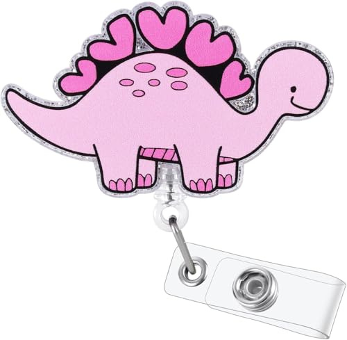 Utdragbar ID-korthållare, sjuksköterska ID-kortshållare, bricka med söt design, badge rulle med klämma för sjuksköterskor, läkare, volontärer (rosa dinosaurie)