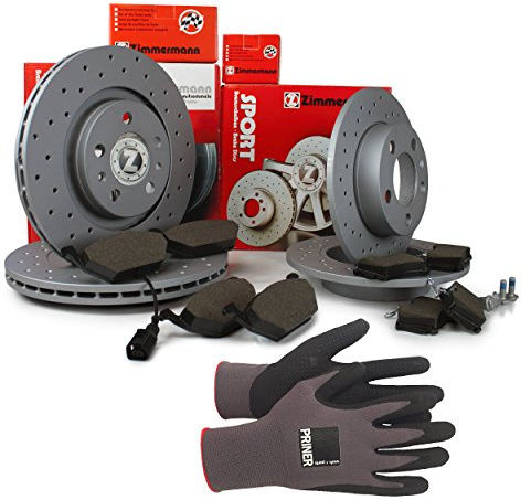 Inspektionspaket Zimmermann Sport Bremsen Set inkl. Bremsscheiben und Bremsbeläge für vorne und hinten enthalten, 100% passend für Ihr Fahrzeug, inkl. Priner Montagehandschuhe, AN121